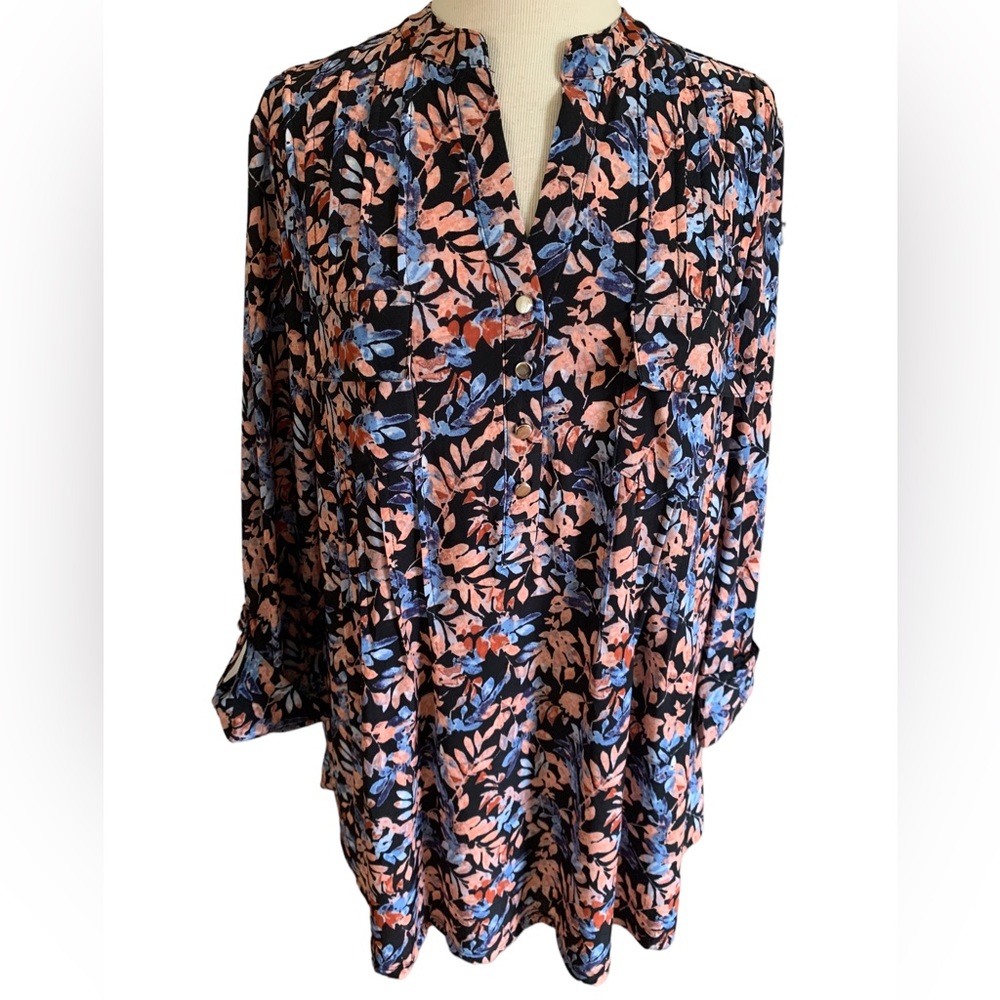 COCOMO 1X Plus Size Blue orange floral 3/4 sleeve women's Pintuck Blouse tunic - Picture 1 of 13